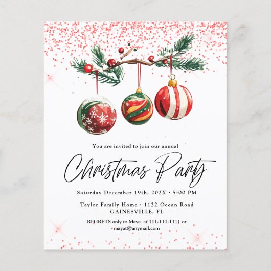 Kerstballen op een budget Kerstfeest Uitnodiging (Voorkant)
