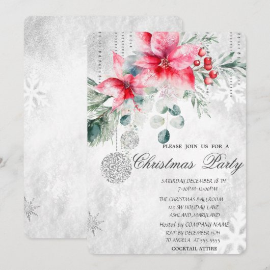 Kerstballen, Poinsettia Grijs Kerstfeest Kaart (Voorkant / Achterkant)