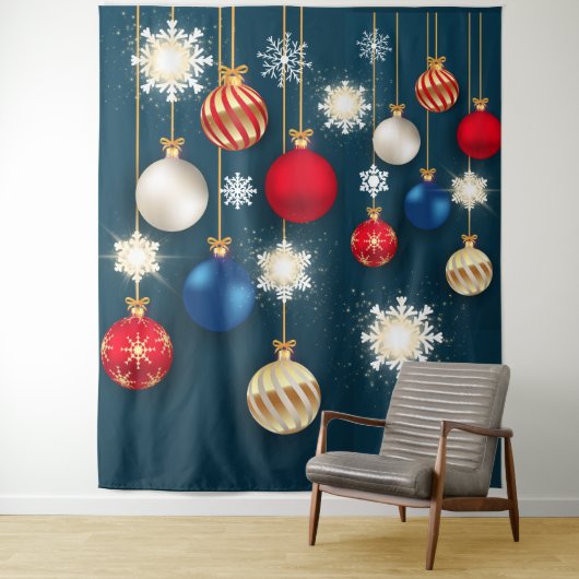 Kerstballen sneeuwvlokken decoraties achtergrond wandkleed (In situ)