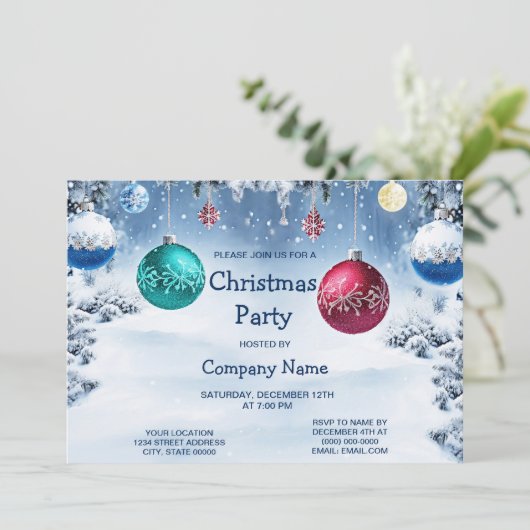 Kerstballen Snowy Holiday Party uitnodiging (Staand voorkant)