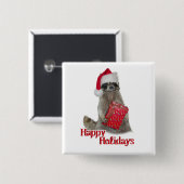 Kerstbandit Raccoon met Cadeau Vierkante Button 5,1 Cm (Voorkant /achterkant)
