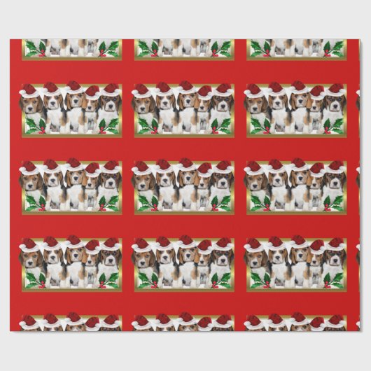 kerstbeagle puppies rood omslagpapier cadeaupapier (Vlak)