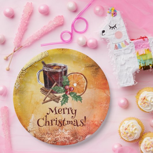 kerstbeker Oranje Holly Berry Cinnamon Greeting Papieren Bordje (Feest)