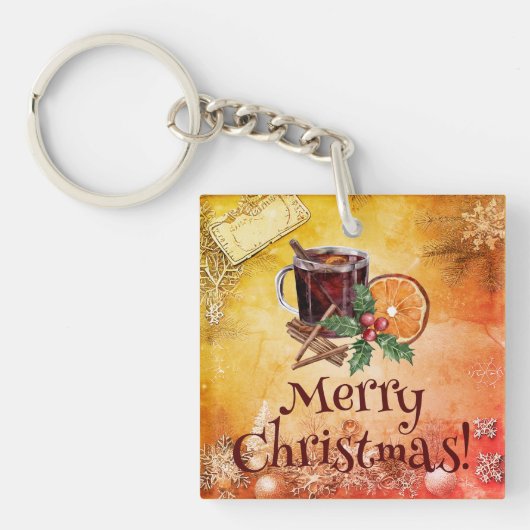 kerstbeker Oranje Holly Berry Cinnamon Greeting Sleutelhanger (voorkant)
