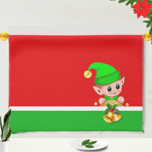Kerstbellen en Schattige Elf op Groen en Rood Theedoek