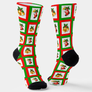 Kerstbellen in groene en rode vierkanten Crew Sokken