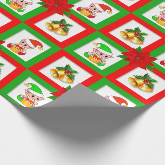 kerstbellen, poinsettia, elven op groen en rood cadeaupapier (Hoek)
