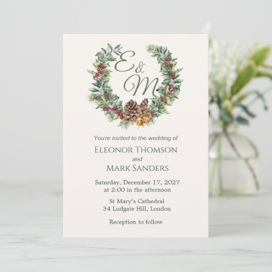 Kerstbes, dennenbaardenmonogram Weddenschap Kaart (Staand voorkant)