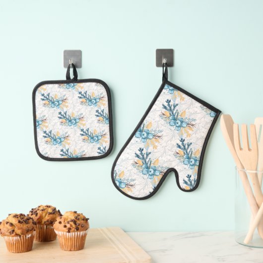 Kerstbessen Blauw Geel Ovenwant & Pannenlap Set (Insitu(Ophanging))