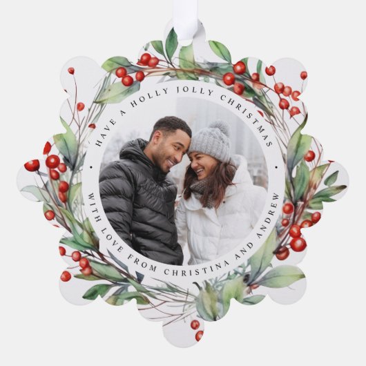 Kerstbessen krans Bloemen Photo Square Ornament Kaart (Achterkant)