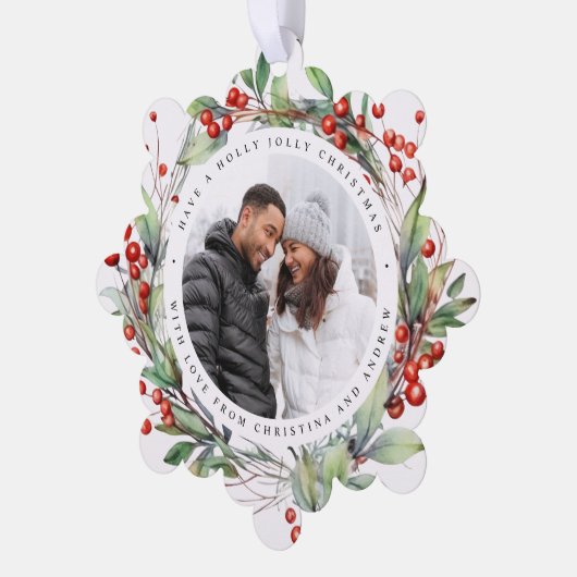 Kerstbessen krans Bloemen Photo Square Ornament Kaart (Links)