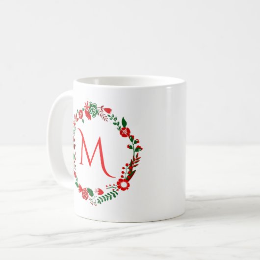 Kerstblad & Bloemen krans met monogram Koffiemok (Voorkant links)