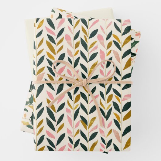 Kerstblad Groen Ivoor Roze Goud Inpakpapier Vel (In situ)