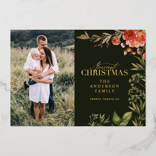 kerstblad met rode en groene foto folie feestdagenkaart (Voorkant)