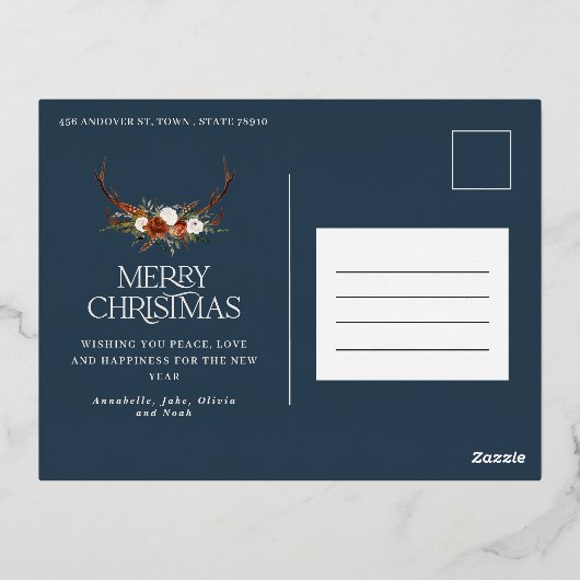 Kerstblauw elegant, minimale moderne typografie folie feestdagen briefkaart (Achterkant)