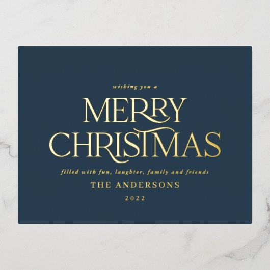 Kerstblauw elegant, minimale moderne typografie folie feestdagen briefkaart (Voorkant)