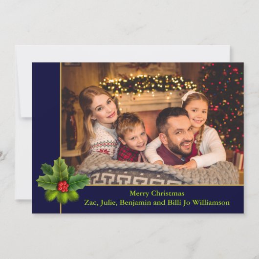 Kerstblauw en goudblauw Lijst met Holly-foto Feestdagenkaart (Voorkant)