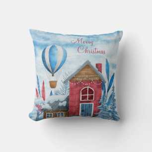 Kerstblauw en rood winterdorp & dieren kussen