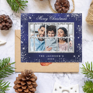 Kerstblauw glitter foto venster kaart