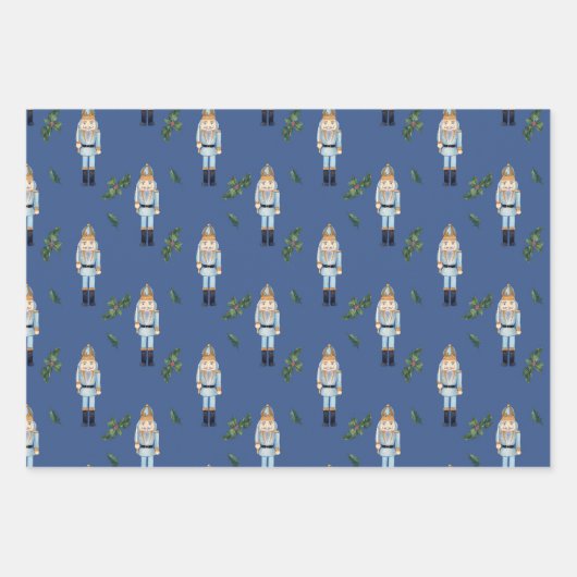 Kerstblauw Nutkraker en Holly Berry Branches Inpakpapier Vel (Voorkant)