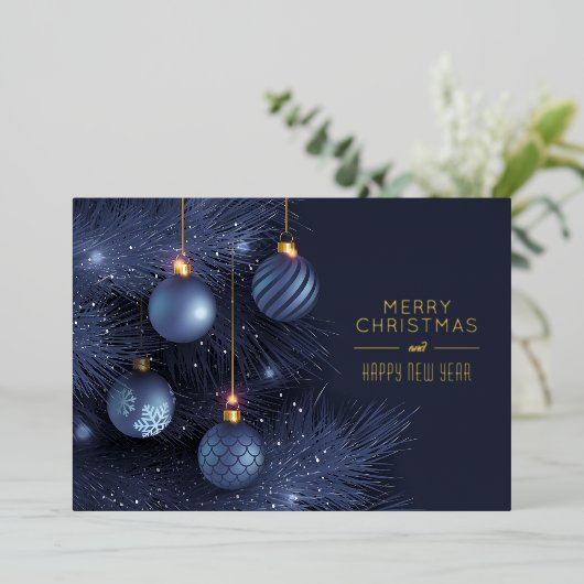 Kerstblauw Ornament Gold Folie Uitnodiging (Staand Voorkant)