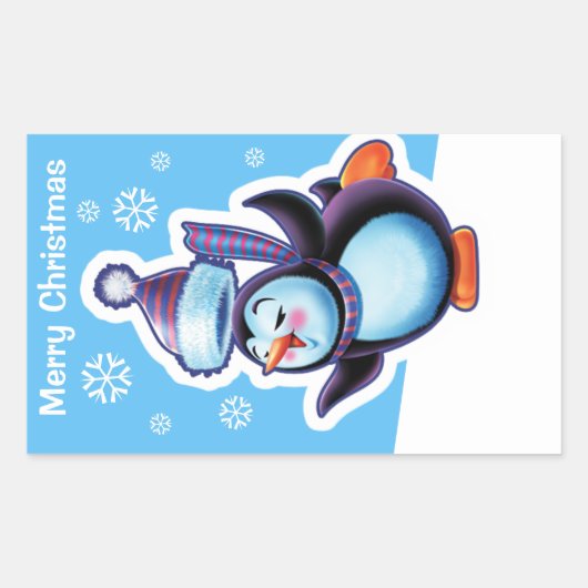 Kerstblauw rechthoekige sticker Penguin skater. (Voorkant)