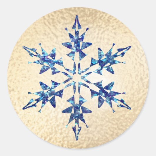 Kerstblauw Snowflake Sparkle Gold Ronde Sticker (Voorkant)