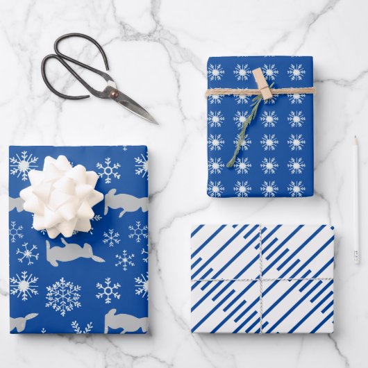 kerstblauw Snowflakes en Bunnies Inpakpapier Vel (Voorkant)