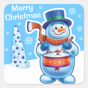 Kerstblauw vierkant sticker Snowman drummer.