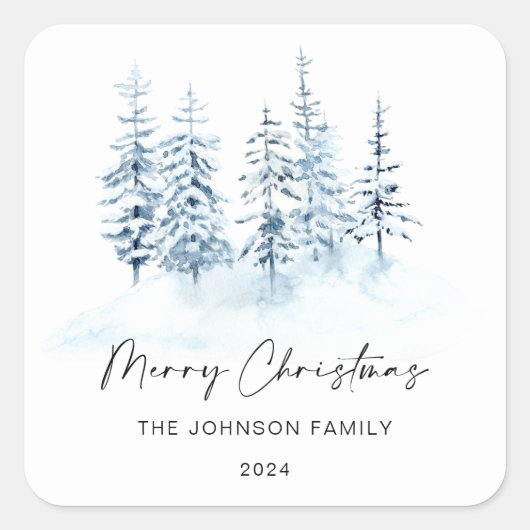 Kerstblauw Winter Bos Rustiek Landschap Vierkante Sticker (Voorkant)