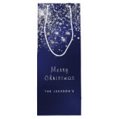 Kerstblauw wit glitterstof zilver wijn cadeautas (Achterkant)