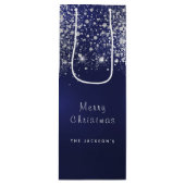Kerstblauw wit glitterstof zilver wijn cadeautas (Voorkant)