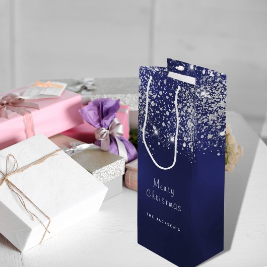 Kerstblauw wit glitterstof zilver wijn cadeautas