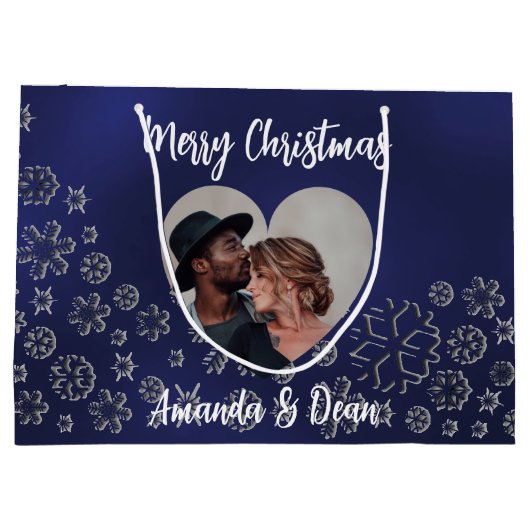 Kerstblauw zilveren sneeuw foto hart groot cadeauzakje (Achterkant)