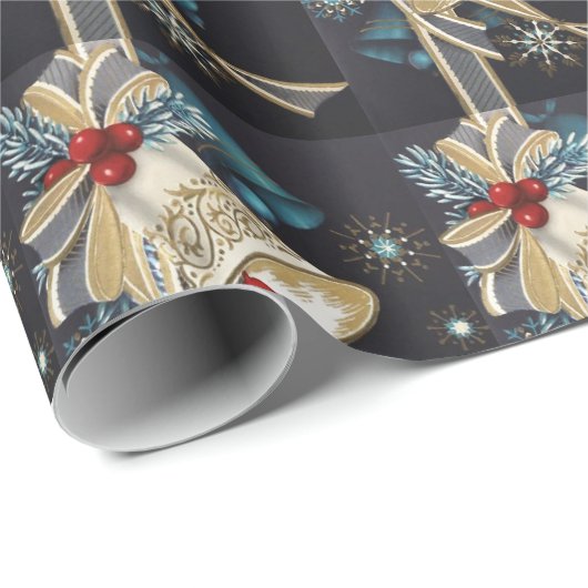 kerstblauwe zilver Bells Gold Bow Cadeaupapier (Rol Hoek)