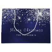 kerstblauwe zilverwitte glitterfamilie groot cadeauzakje (Voorkant)