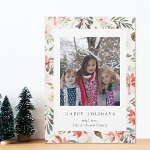 Kerstbloem Happy Holidays Familie Foto Beige Feestdagenkaart