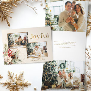Kerstbloemen Goud Vrolijke Tekst Multi-Foto  Drieluik Wenskaart