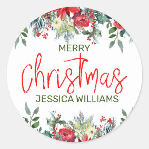 Kerstbloemen, grens en moderne typografie ronde sticker