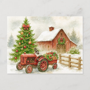 Kerstboerderij ochtend rode tractor schuur kerstka feestdagenkaart