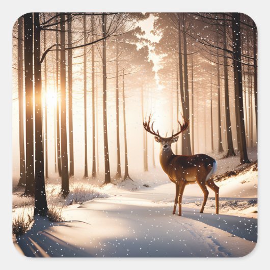 Kerstbok in het winterbos vierkante sticker (Voorkant)