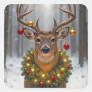 Kerstbok met een gloeiende krans vierkante sticker