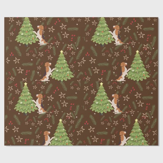 Kerstbomen & Beagle Hondenpatroon op maat Cadeaupapier (Vlak)