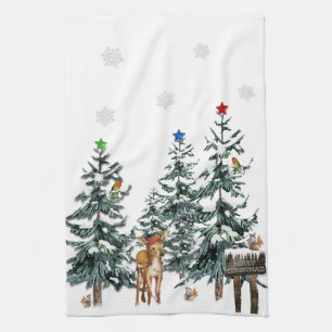 kerstbomen Deer Birds Snowflakes Winter Theedoek