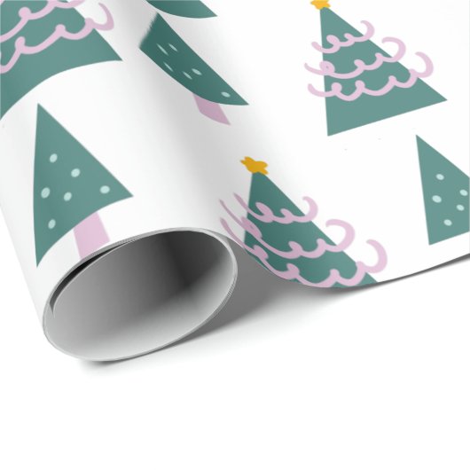 kerstbomen Doodles Pink Green Cadeaupapier (Rol Hoek)