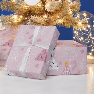 Kerstbomen Doven Sneeuwvlokken Roze Kerstmis Cadeaupapier