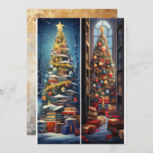 Kerstbomen en boeken Promotionele Bladwijzer op Feestdagenkaart