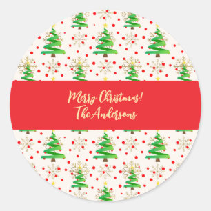 Kerstbomen en gouden sneeuwvlokken ronde sticker