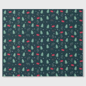 Kerstbomen en Holly Modern Pattern Dark Blue Cadeaupapier (Vlak)