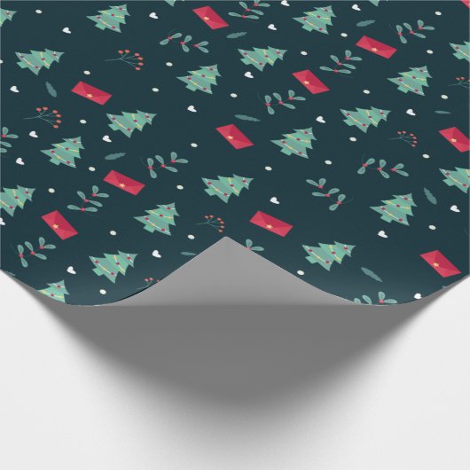 Kerstbomen en Holly Modern Pattern Dark Blue Cadeaupapier (Hoek)